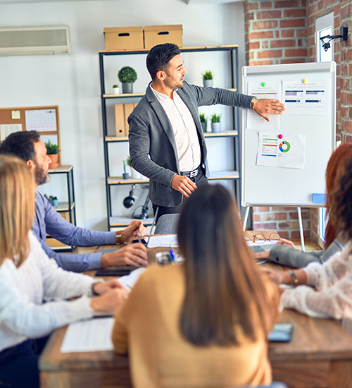 Business meeting where a presenter is showing printed diagrams on a whiteboard